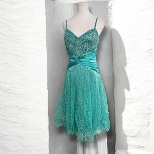 Vintage sue wong Elegant Teal beaded Lace Cocktail Dress fairycore mermaid 6